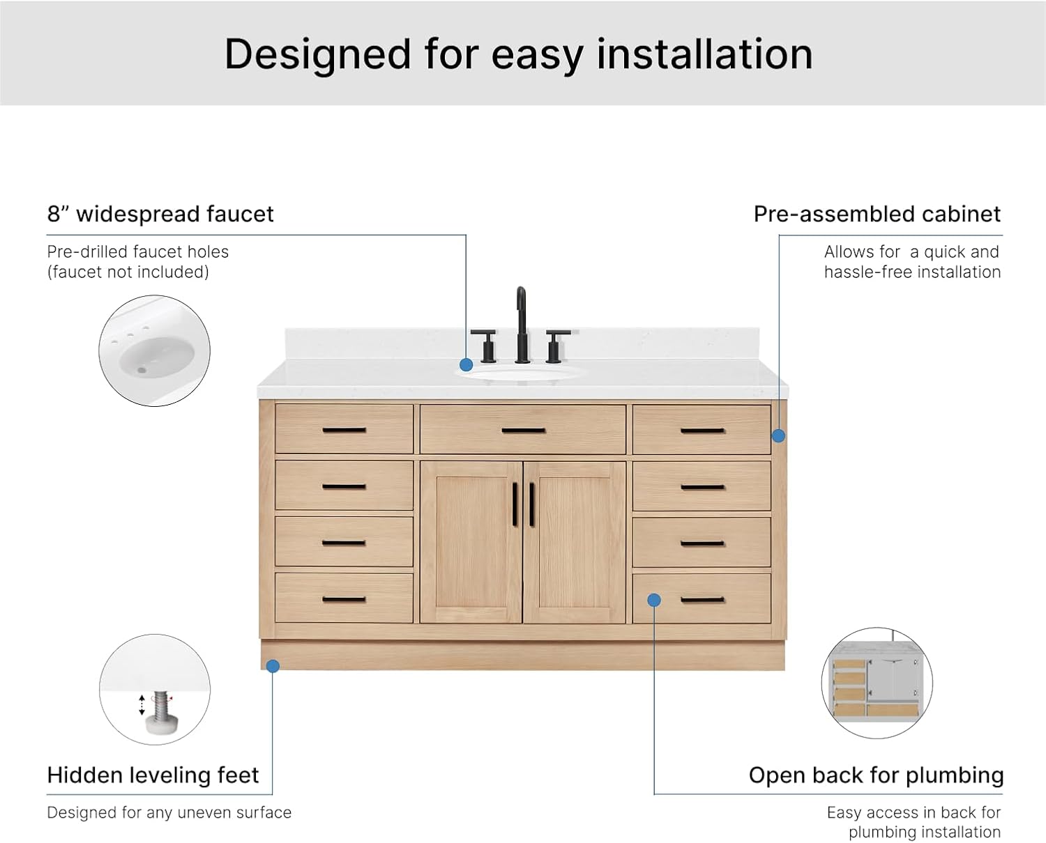ARIEL Hepburn 66-inch Bathroom Vanity with Sink,Solid Wood, 1.5-inch Carrara White Quartz Countertop & Backsplash, Single Oval Porcelain Sink, 2 Soft Closing Doors, 9 Dovetail Drawers, White Oak