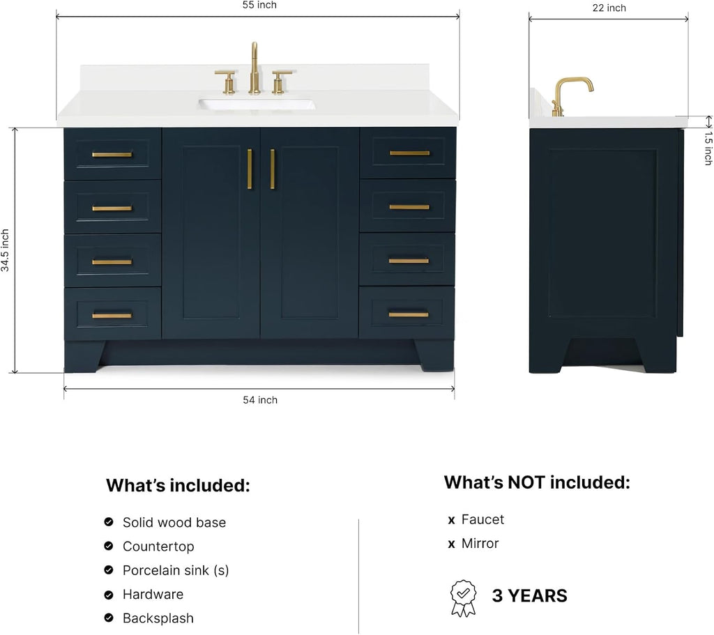 ARIEL Taylor 54-inch Bathroom Vanity with Sink,Solid Wood, 1.5-inch Pure White Quartz Countertop, Single Rectangular Porcelain Sink, 2 Soft Closing Doors, 9 Dovetail Drawers, Midnight Blue