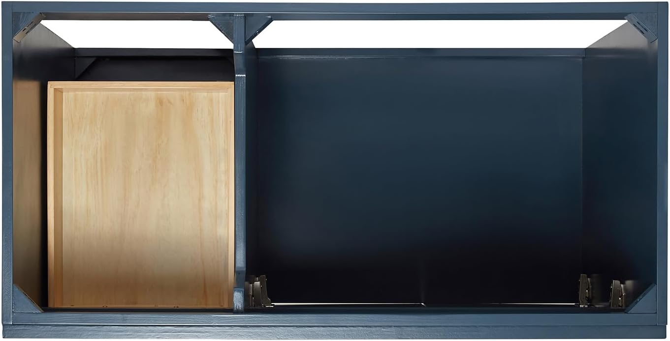 DKB Bradford 42-Inch Midnight Blue Single Bathroom Vanity with Right Rectangular Sink, 1.5' Carrara Quartz Countertop, Solid Wood Frame, Soft Closing Doors & Drawers, Toe Kick, Brushed Nickel