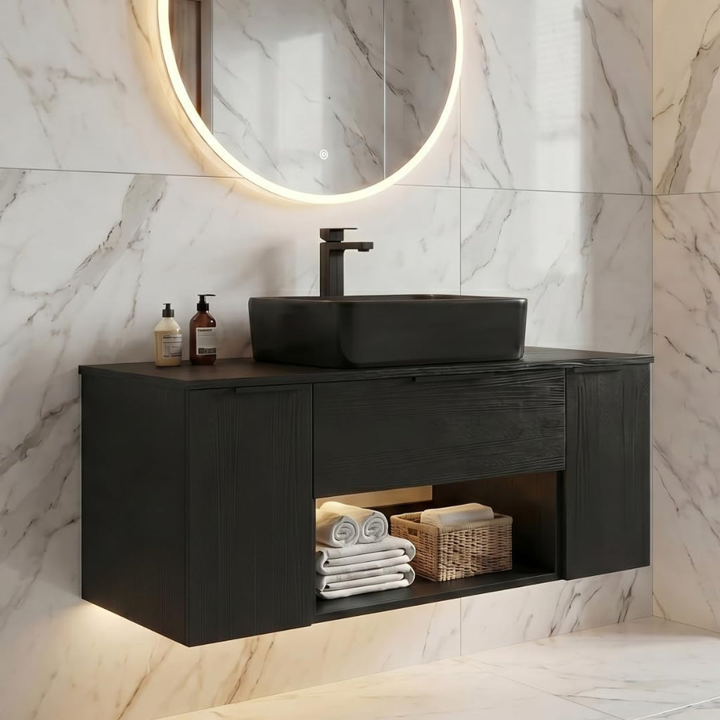 36 Inch Black Floating Bathroom Vanity with 2-Doors and 1-Drawer, Modern Wall Mounted Cabinet with Square Black Ceramic Vessel Sink