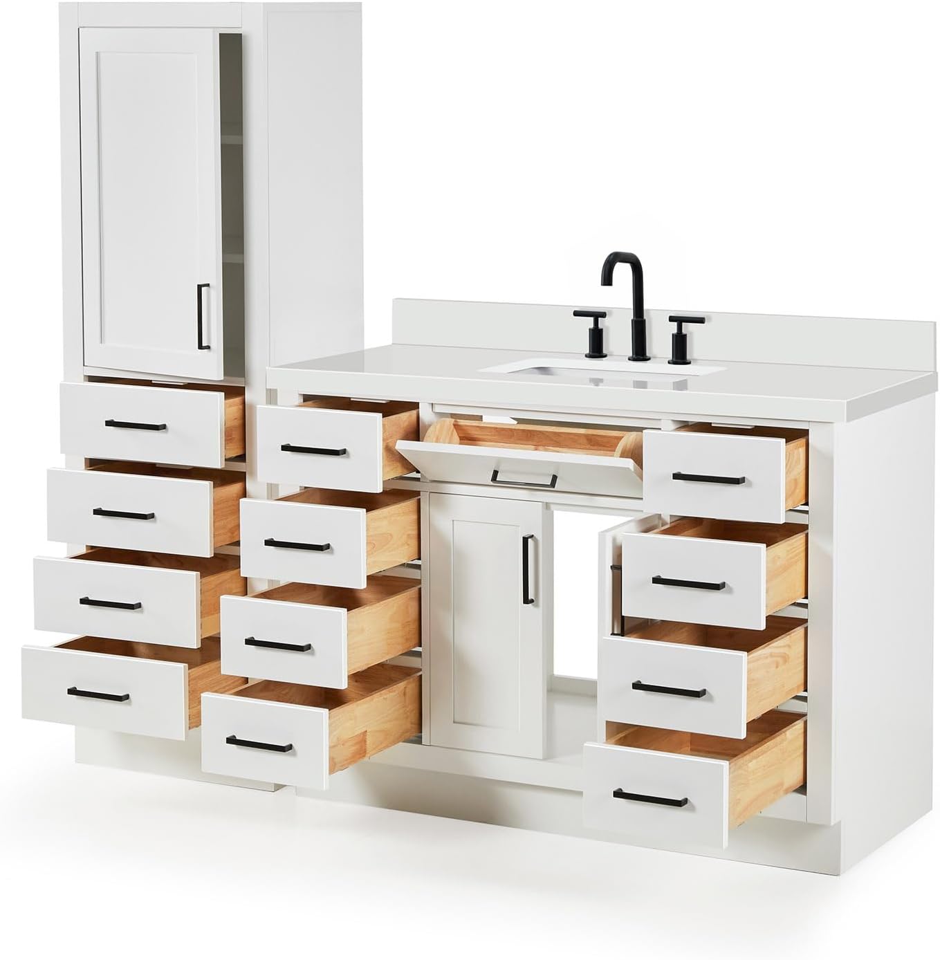 ARIEL Hepburn 69 Inch Includes 20 Inch Linen Cabinet and 1 of 49 Inch Single Rectangle Sink Bathroom Vanity with Pure White Quartz Countertop 1.5 Inch in White