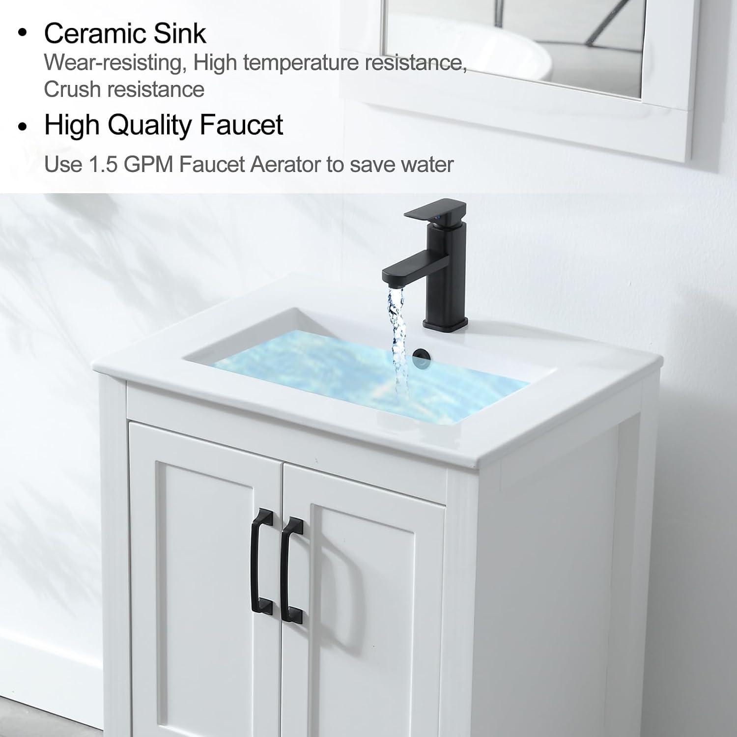 LUCKWIND 24' Bathroom Vanity and Sink Combos, Modern Bathroom Storage Painted Cabinet with Undercounter Ceramic Single Sink Top, Matte Black Faucet and Drawer, Mirror Not Included, White