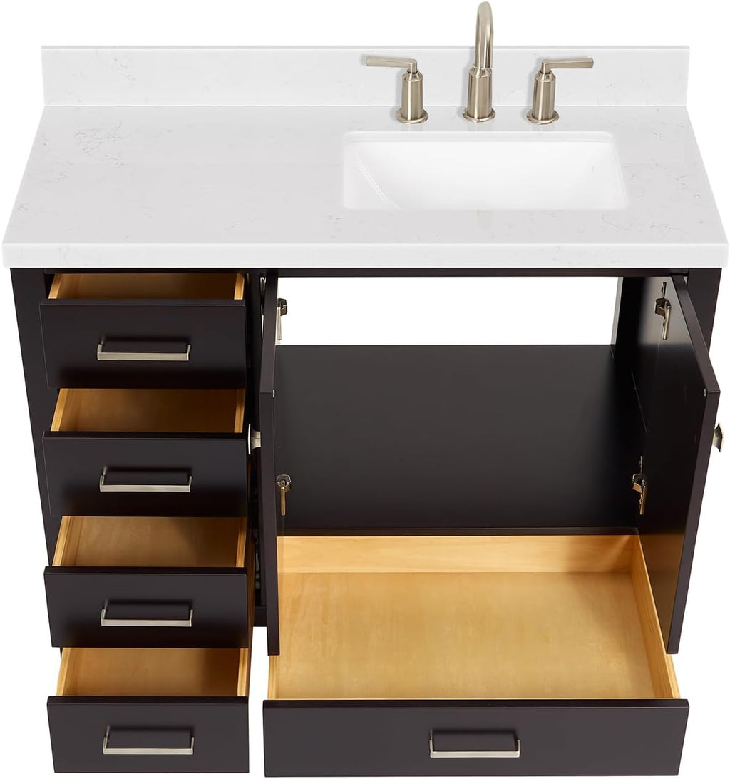 DKB Beckford 42' Espresso Single Bathroom Vanity with Sink, Solid Wood Frame, 1.5' Carrara White Quartz Countertop, Rectangular Undermount Sink, 2 Soft Closing Doors, 5 Dovetail Drawers