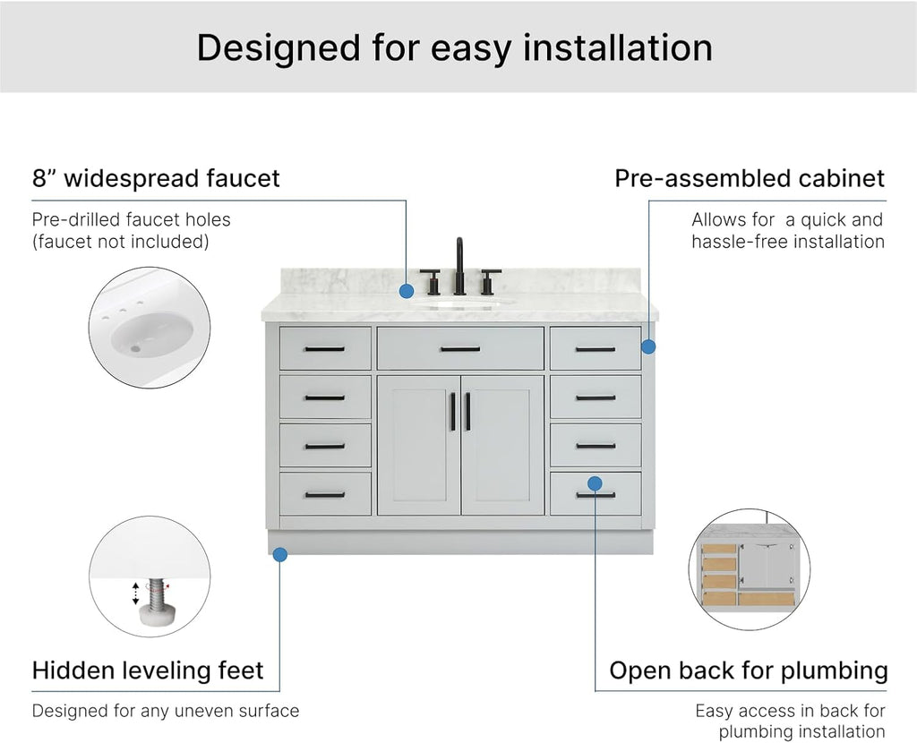 ARIEL Hepburn 54-inch Bathroom Vanity with Sink,Solid Wood, 1.5-inch Italian Carrara Marble Countertop & Backsplash, Single Oval Porcelain Sink, 2 Soft Closing Doors, 9 Dovetail Drawers, Grey
