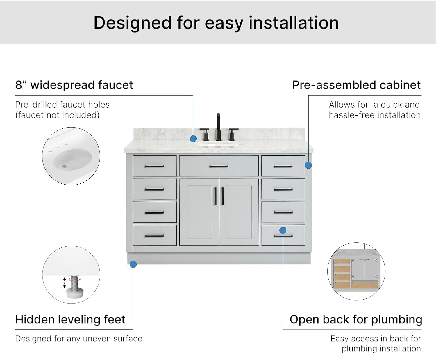 ARIEL Hepburn 54-inch Bathroom Vanity with Sink,Solid Wood, 1.5-inch Italian Carrara Marble Countertop & Backsplash, Single Oval Porcelain Sink, 2 Soft Closing Doors, 9 Dovetail Drawers, Grey