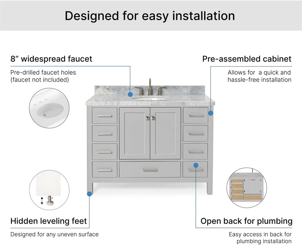 ARIEL Cambridge 48-inch Bathroom Vanity with Sink,Solid Wood, 1.5-inch Italian Carrara Marble Countertop & Backsplash, Single Oval Porcelain Sink, 2 Soft Closing Doors, 9 Dovetail Drawers, Grey