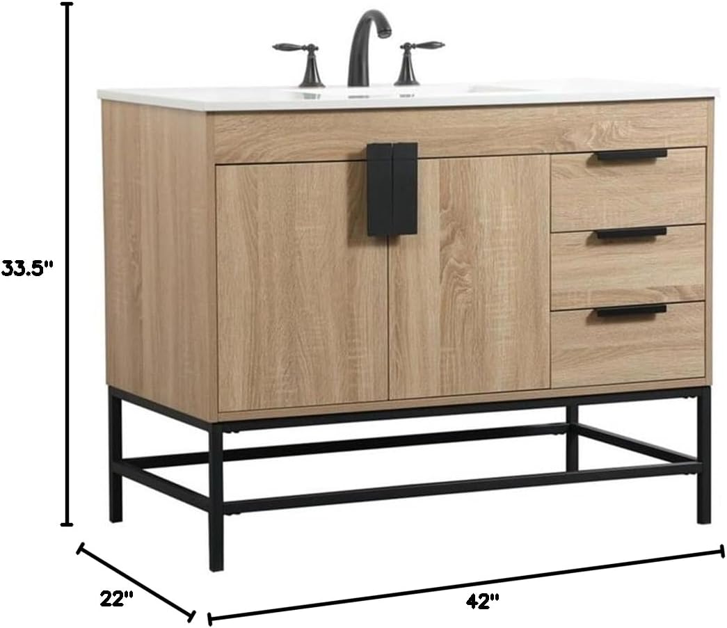 Pemberly Row 42' Aluminum MDF Bathroom Vanity, Mango Wood Finish, Ivory White Quartz Countertop, Porcelain Sink with Overflow, Soft Closing Hinges, 3 Drawers, Modern Style for Bathroom Storage
