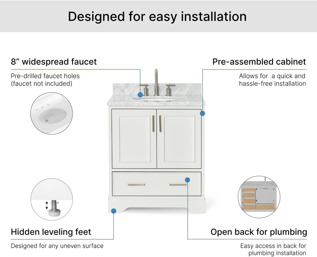ARIEL Stafford 30-inch Bathroom Vanity with Sink,Solid Wood, 0.75-inch Italian Carrara Marble Countertop & Backsplash, Single Oval Porcelain Sink, 2 Soft Closing Doors, 1 Dovetail Drawers, White