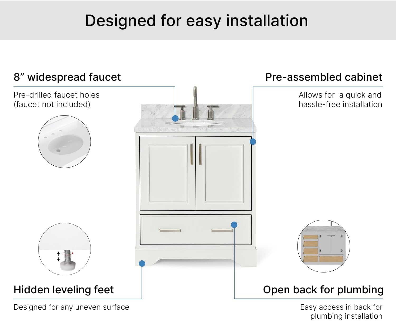 ARIEL Stafford 30-inch Bathroom Vanity with Sink,Solid Wood, 0.75-inch Italian Carrara Marble Countertop & Backsplash, Single Oval Porcelain Sink, 2 Soft Closing Doors, 1 Dovetail Drawers, White
