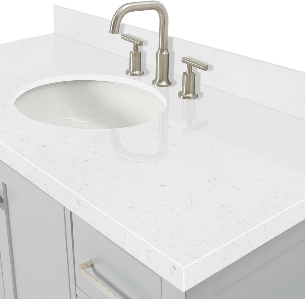 ARIEL Cambridge 48-inch Bathroom Vanity with Sink,Solid Wood, 1.5-inch Carrara White Quartz Countertop & Backsplash, Single Oval Porcelain Sink, 2 Soft Closing Doors, 9 Dovetail Drawers, Grey