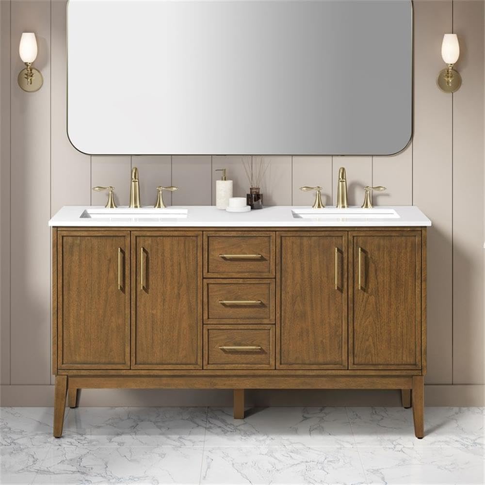 Pemberly Row 60' Bathroom Vanity, Warm Walnut Finish, White Engineered Stone Countertop, Double Undermount Sinks, Solid Wood Frame, Ample Storage, Premium Hardware, Modern Style for Master Bathrooms