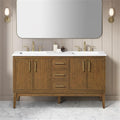 Pemberly Row 60' Bathroom Vanity, Warm Walnut Finish, White Engineered Stone Countertop, Double Undermount Sinks, Solid Wood Frame, Ample Storage, Premium Hardware, Modern Style for Master Bathrooms