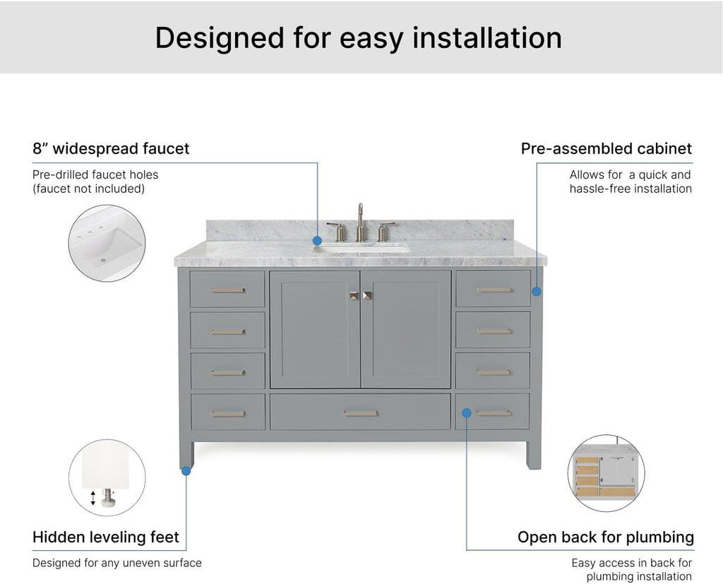 ARIEL Cambridge 60-inch Bathroom Vanity with Sink,Solid Wood, 1.5-inch Italian Carrara Marble Countertop, Single Rectangular Porcelain Sink, 2 Soft Closing Doors, 9 Dovetail Drawers, Grey