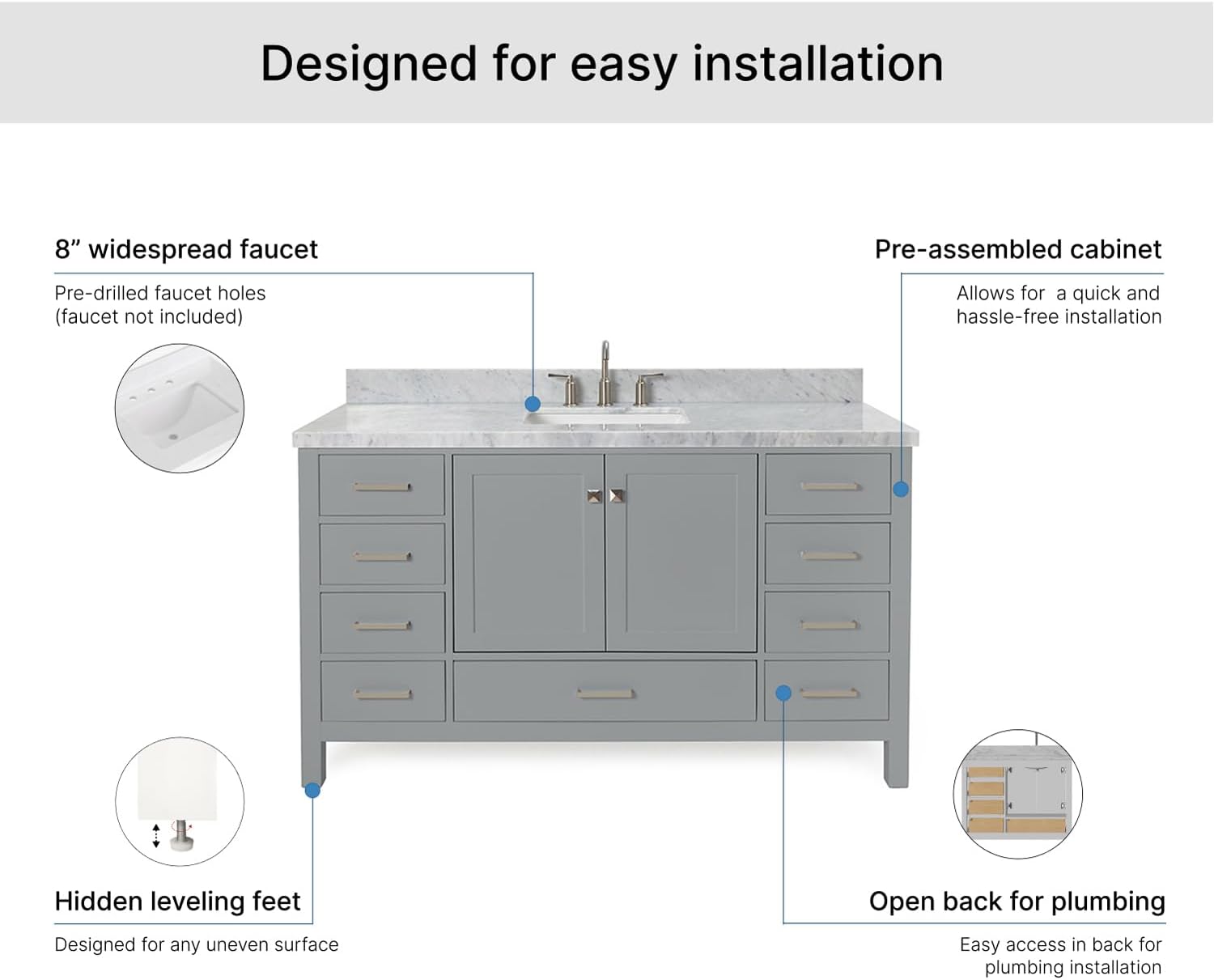 ARIEL Cambridge 60-inch Bathroom Vanity with Sink,Solid Wood, 1.5-inch Italian Carrara Marble Countertop, Single Rectangular Porcelain Sink, 2 Soft Closing Doors, 9 Dovetail Drawers, Grey