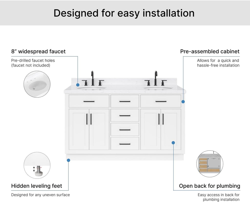 ARIEL Hepburn 60-inch Bathroom Vanity with Sink,Solid Wood, 1.5-inch Carrara White Quartz Countertop & Backsplash, Double Oval Porcelain Sink, 4 Soft Closing Doors, 6 Dovetail Drawers, White