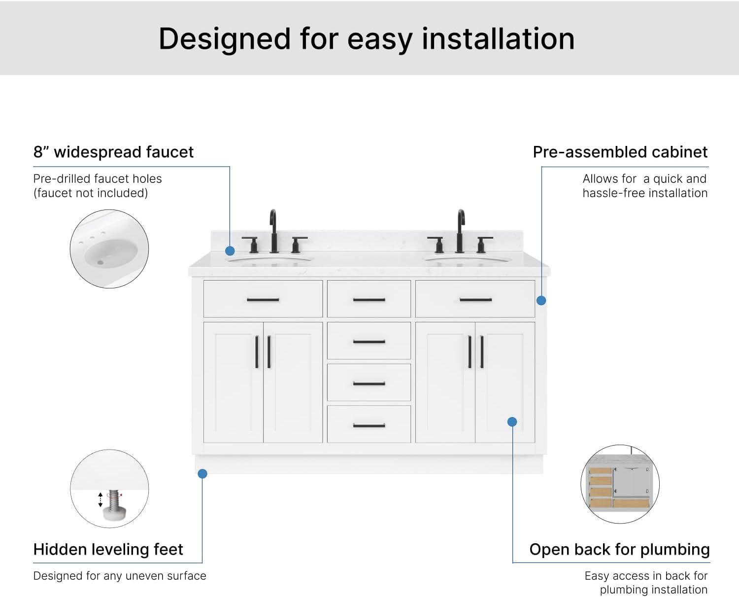 ARIEL Hepburn 60-inch Bathroom Vanity with Sink,Solid Wood, 1.5-inch Carrara White Quartz Countertop & Backsplash, Double Oval Porcelain Sink, 4 Soft Closing Doors, 6 Dovetail Drawers, White