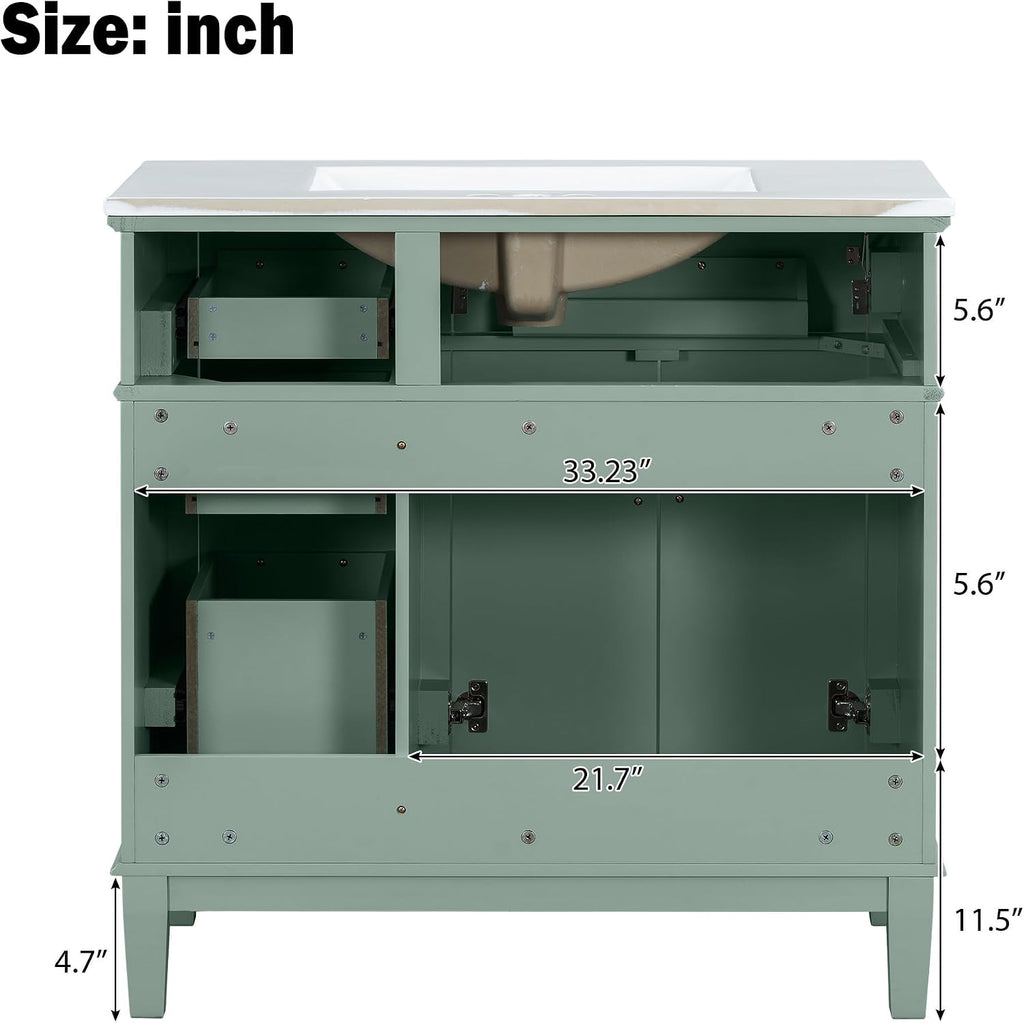 LUMISOL 36' Bathroom Vanity with Sink Combo, Modern Green Bathroom Storage Cabinet with Tip-Out Drawer, 3 Drawers & 2 Soft-Close Doors, Solid Wood Bathroom Vanity with Ceramic Sink, Green