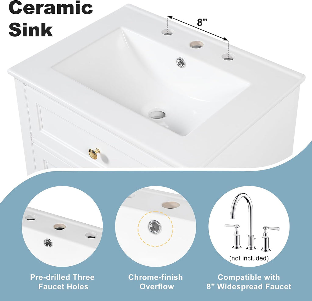 Bathroom Vanity with Sink 24 Inch, Tip-Out Drawer and Door Rack, Adjustable Shelf, Soft-Closing Drawers and Door, White