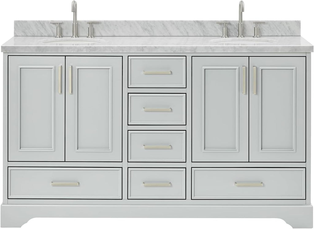 ARIEL Stafford 60-inch Bathroom Vanity with Sink,Solid Wood, 1.5-inch Italian Carrara Marble Countertop & Backsplash, Double Oval Porcelain Sink, 4 Soft Closing Doors, 6 Dovetail Drawers, Grey