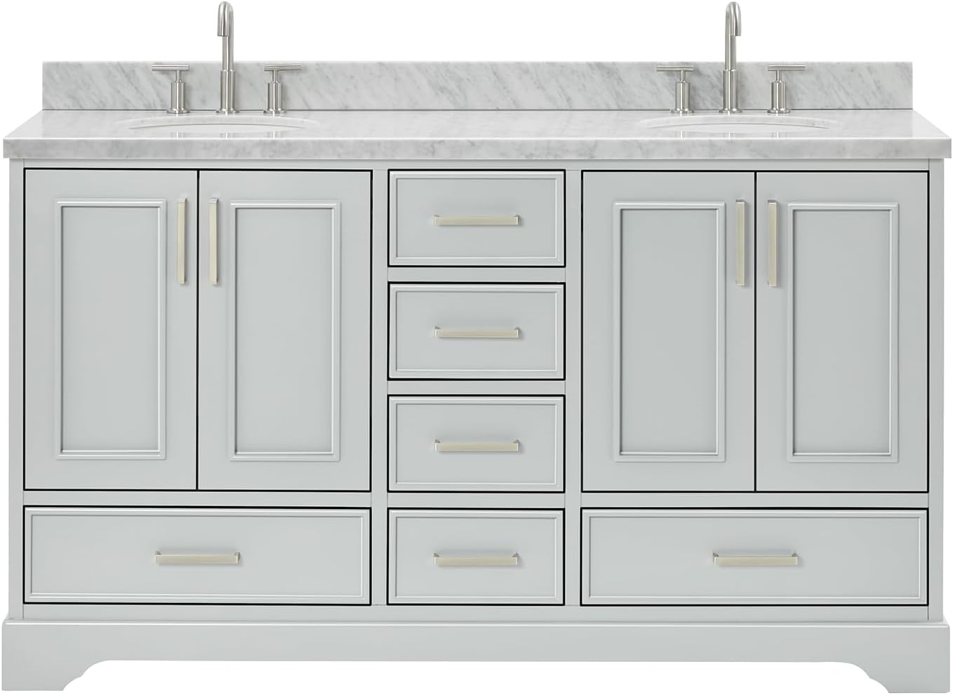ARIEL Stafford 60-inch Bathroom Vanity with Sink,Solid Wood, 1.5-inch Italian Carrara Marble Countertop & Backsplash, Double Oval Porcelain Sink, 4 Soft Closing Doors, 6 Dovetail Drawers, Grey