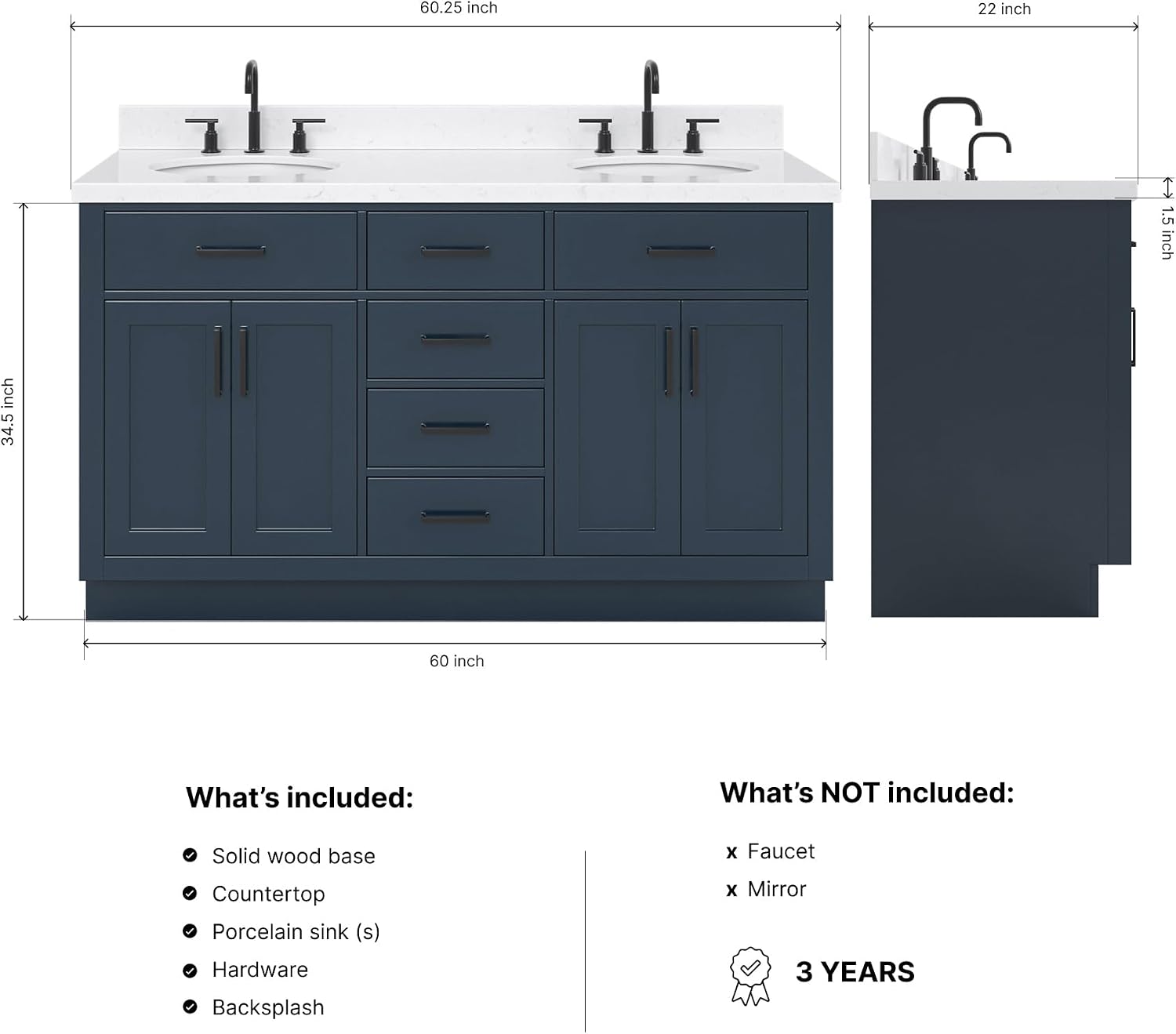 ARIEL Hepburn 60-inch Bathroom Vanity with Sink,Solid Wood, 1.5-inch Carrara White Quartz Countertop, Double Oval Porcelain Sink, 4 Soft Closing Doors, 6 Dovetail Drawers, Midnight Blue