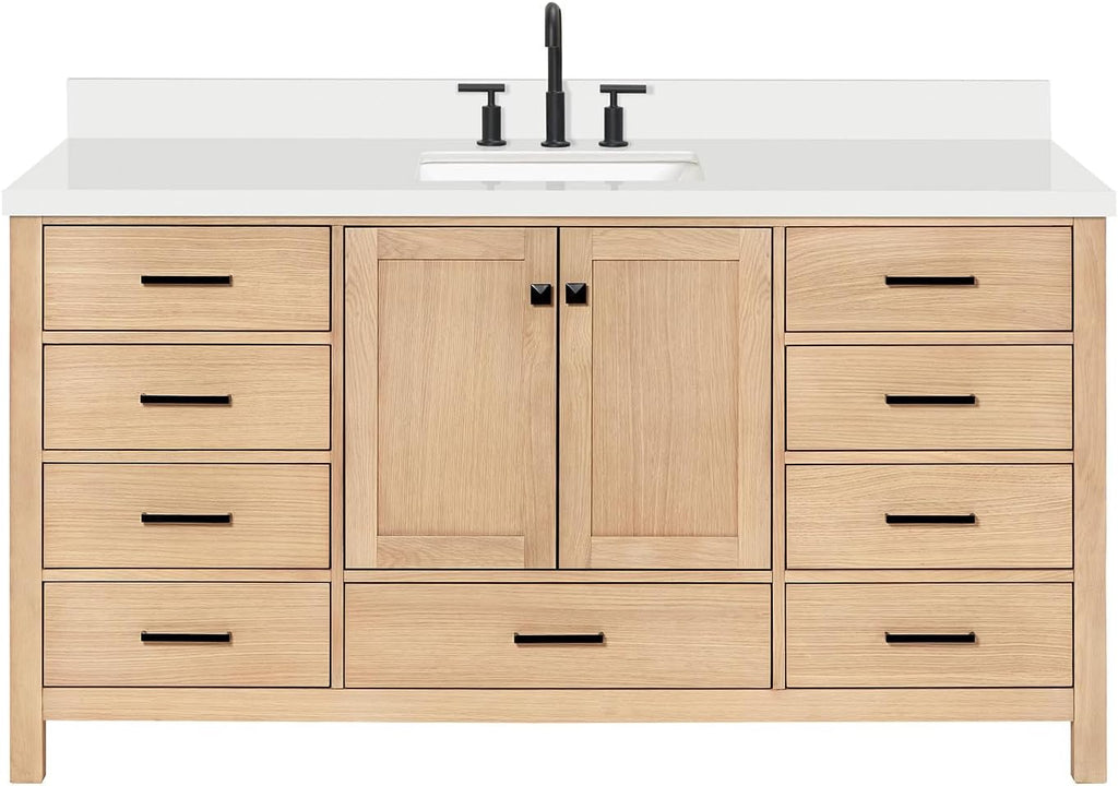 ARIEL Cambridge 66-inch Bathroom Vanity with Sink,Solid Wood, 1.5-inch Pure White Quartz Countertop, Single Rectangular Porcelain Sink, 2 Soft Closing Doors, 9 Dovetail Drawers, White Oak