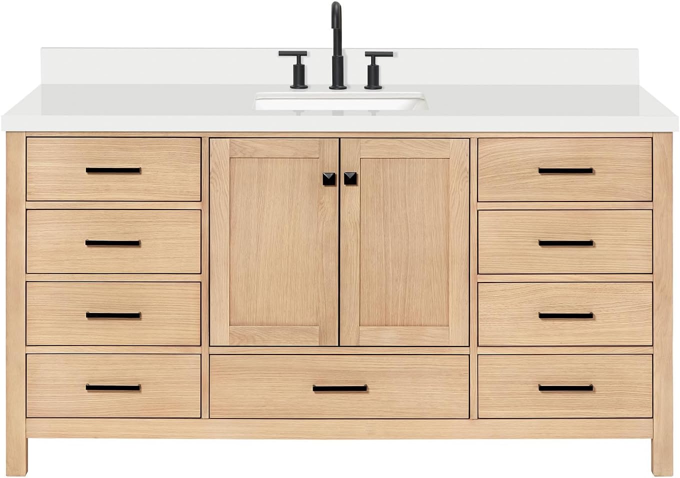 ARIEL Cambridge 66-inch Bathroom Vanity with Sink,Solid Wood, 1.5-inch Pure White Quartz Countertop, Single Rectangular Porcelain Sink, 2 Soft Closing Doors, 9 Dovetail Drawers, White Oak