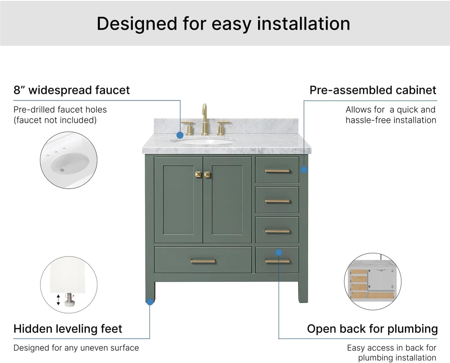 DKB Beckford 36-inch Vintage Green Bathroom Vanity with Left Oval Single Sink, Italian Carrara Marble Countertop & Backsplash, Solid Wood Frame, Soft-Closing & Dovetail Drawers