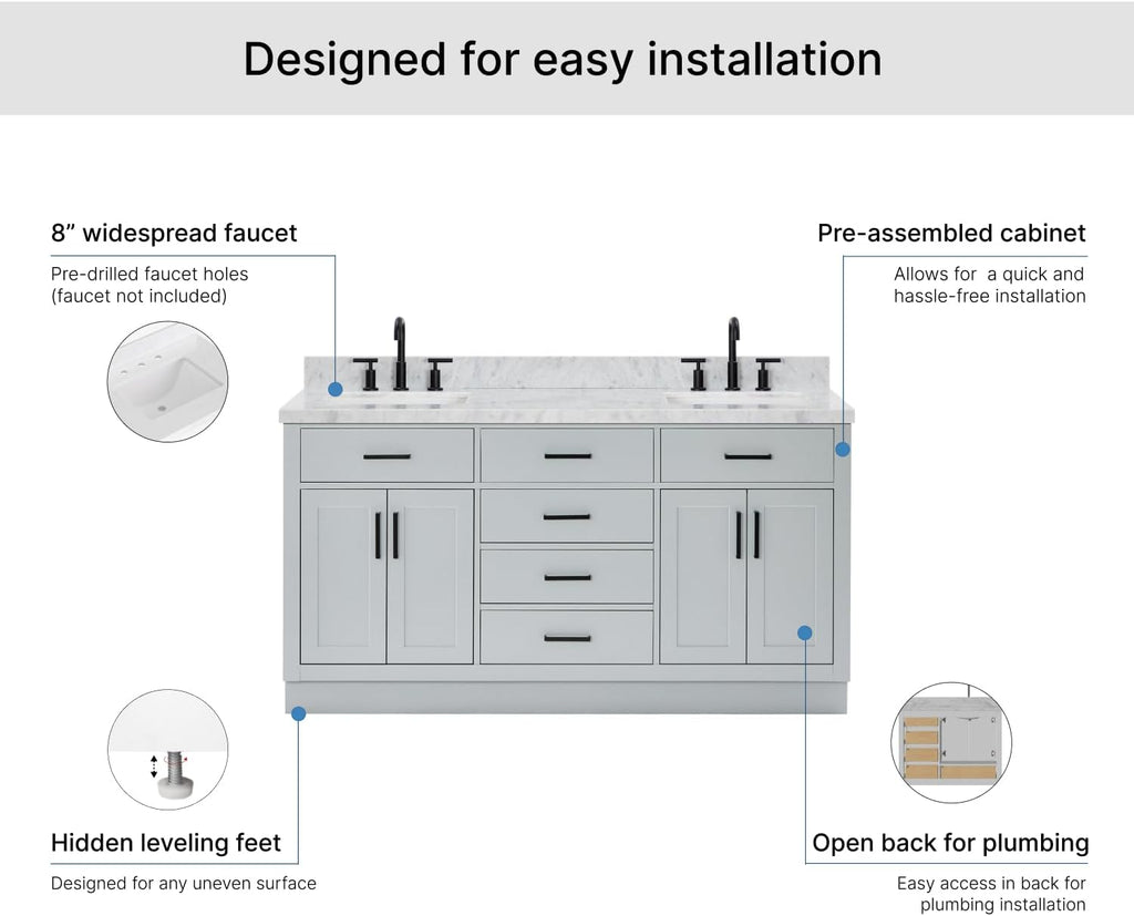 ARIEL Hepburn 66-inch Bathroom Vanity with Sink,Solid Wood, 1.5-inch Italian Carrara Marble Countertop, Double Rectangular Porcelain Sink, 4 Soft Closing Doors, 6 Dovetail Drawers, Grey
