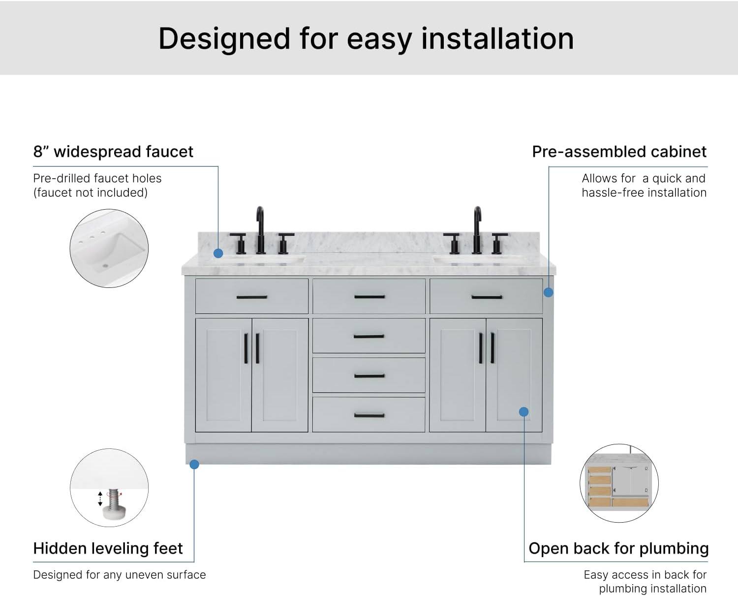 ARIEL Hepburn 66-inch Bathroom Vanity with Sink,Solid Wood, 1.5-inch Italian Carrara Marble Countertop, Double Rectangular Porcelain Sink, 4 Soft Closing Doors, 6 Dovetail Drawers, Grey