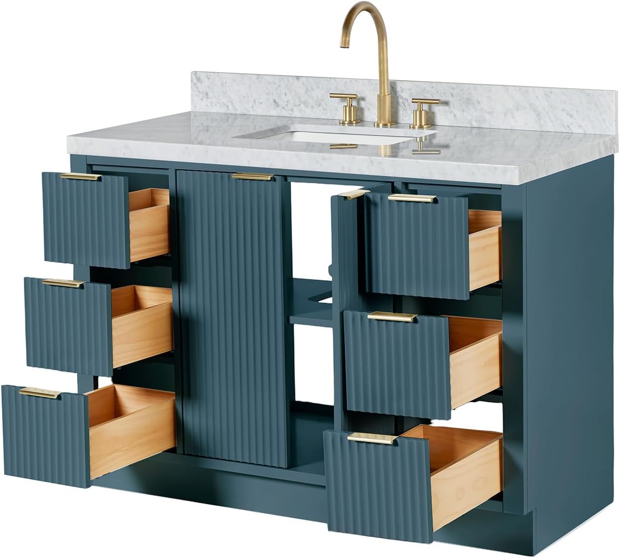 ARIEL Milan 48-inch Bathroom Vanity with Sink,Solid Wood, 1.5-inch Italian Carrara Marble Countertop, Single Rectangular Porcelain Sink, Soft Closing Doors, Dovetail Drawers, Vintage Blue