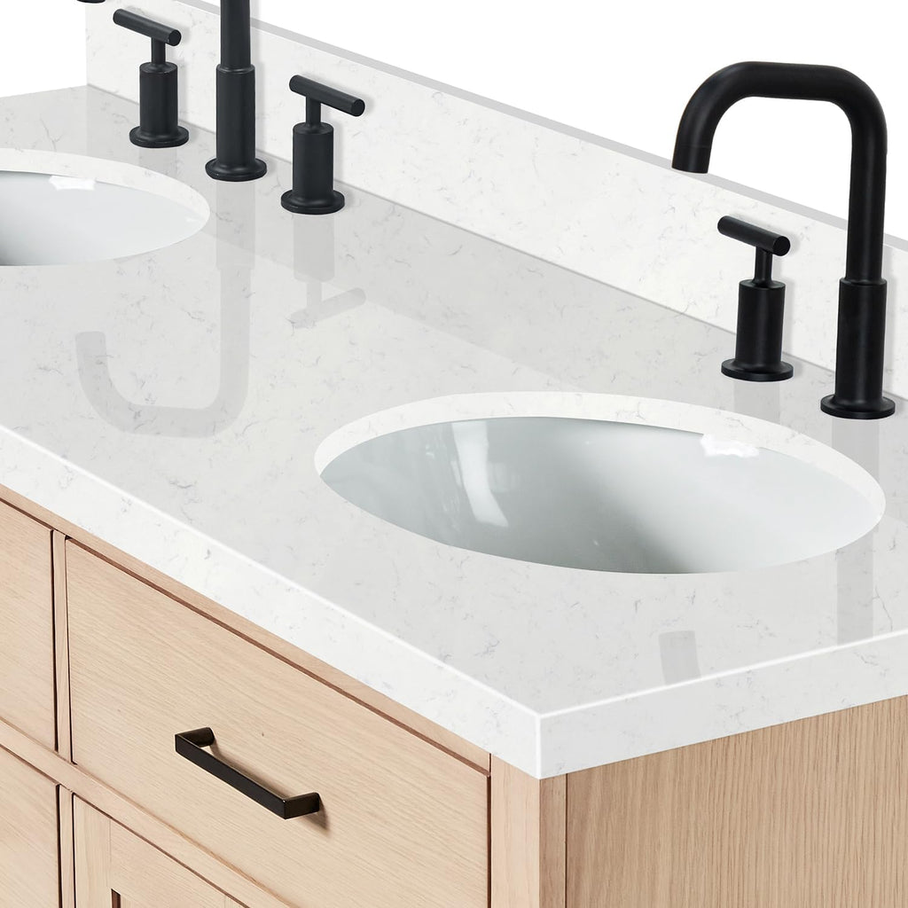 ARIEL Hepburn 60-inch Bathroom Vanity with Sink,Solid Wood, 1.5-inch Carrara White Quartz Countertop & Backsplash, Double Oval Porcelain Sink, 4 Soft Closing Doors, 6 Dovetail Drawers, White Oak