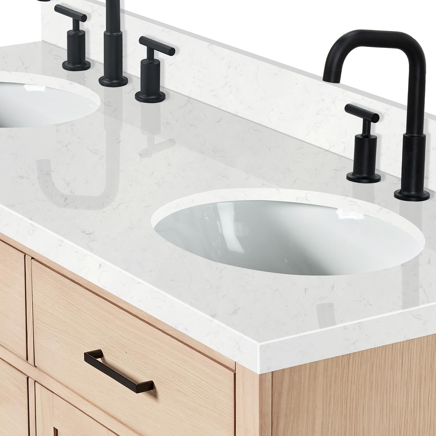 ARIEL Hepburn 60-inch Bathroom Vanity with Sink,Solid Wood, 1.5-inch Carrara White Quartz Countertop & Backsplash, Double Oval Porcelain Sink, 4 Soft Closing Doors, 6 Dovetail Drawers, White Oak