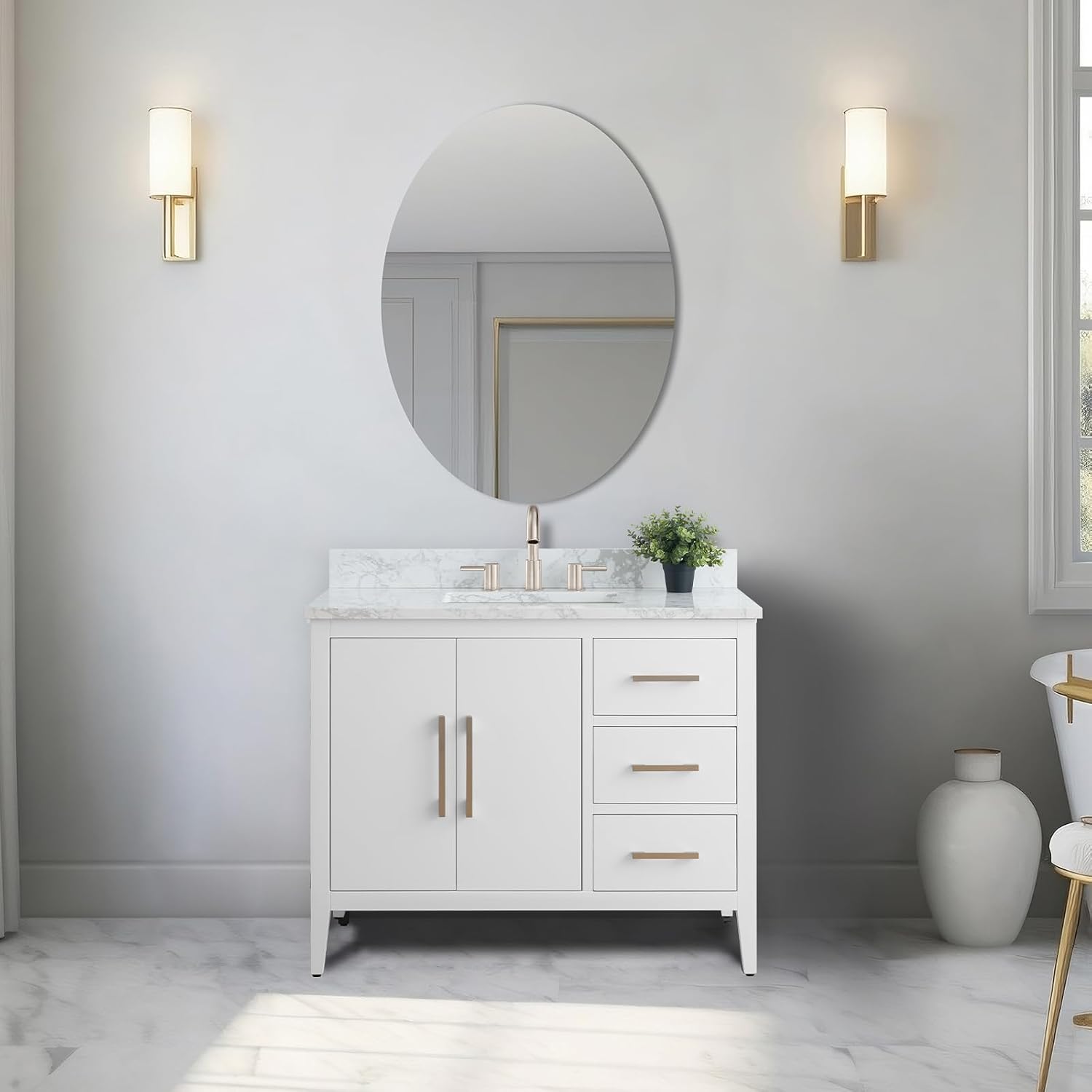 Vanity Art 42 inch Bathroom Vanity with Single Sink & Ceramic Top, Vanity Cabinet with Soft-Closing Doors, Drawers, Solid Wood Frame, White, Brushed Nickle Handware
