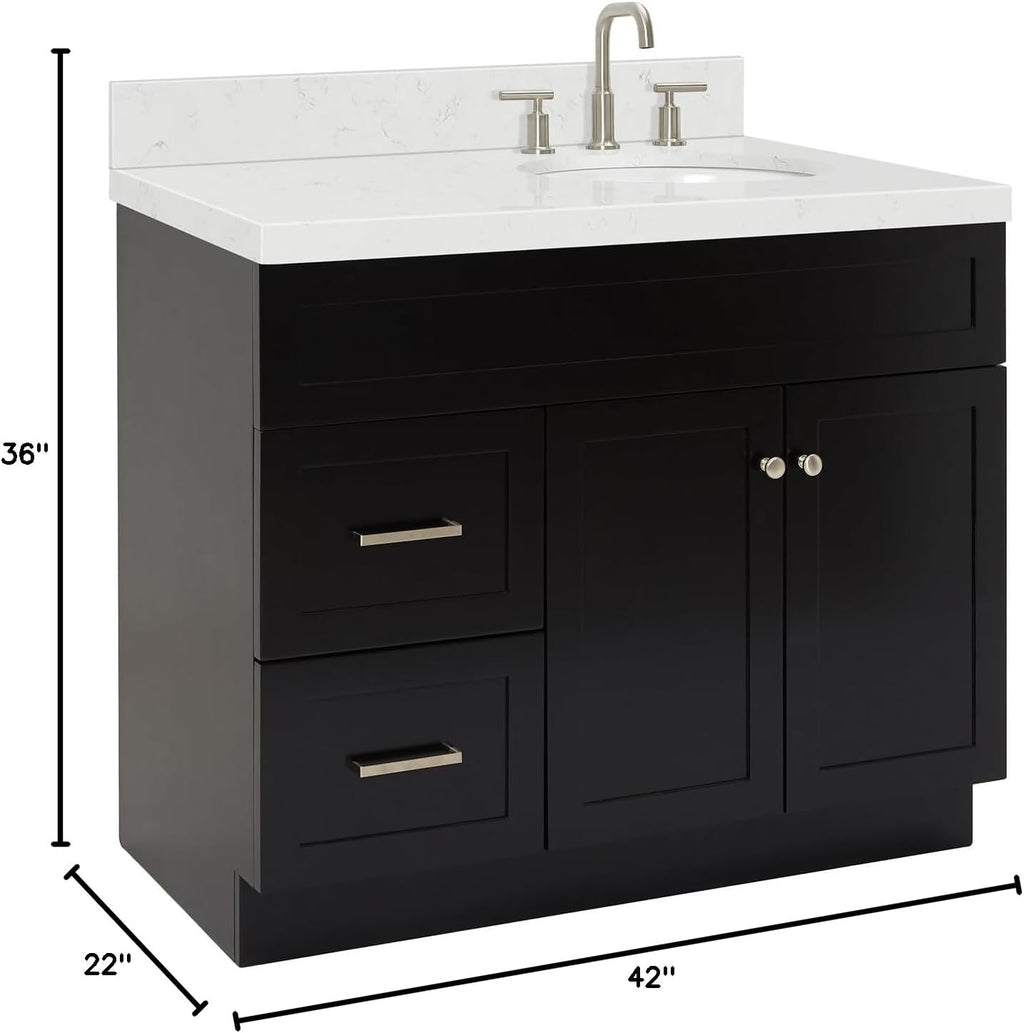 ARIEL Hamlet 42 in. Right Offset Oval Sink Bathroom Vanity with Carrara White Quartz Countertop 1.5 Edge in Black