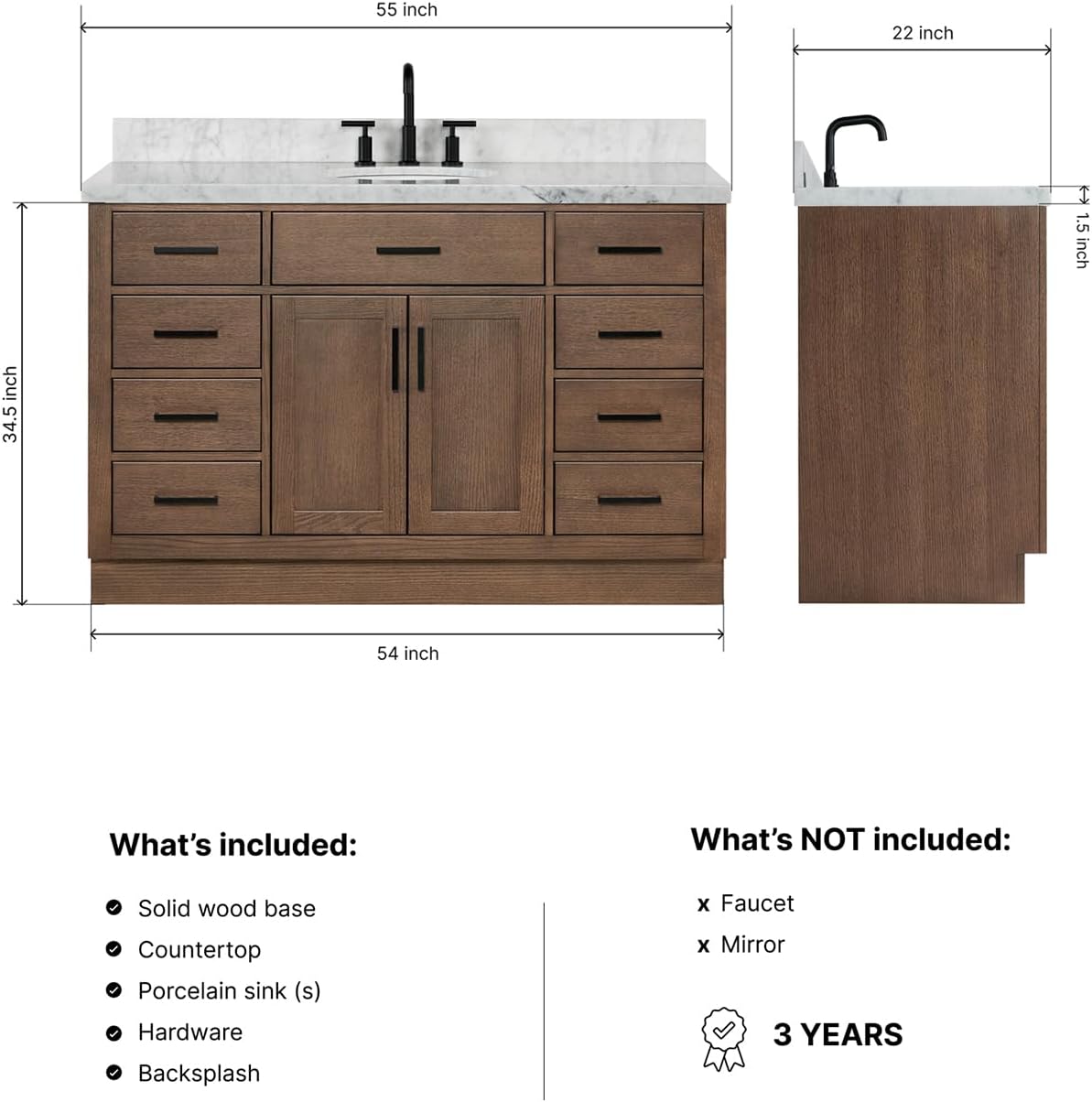 ARIEL Hepburn 54-inch Bathroom Vanity with Sink,Solid Wood, 1.5-inch Italian Carrara Marble Countertop & Backsplash, Single Oval Porcelain Sink, 2 Soft Closing Doors, 9 Dovetail Drawers, Brown Oak