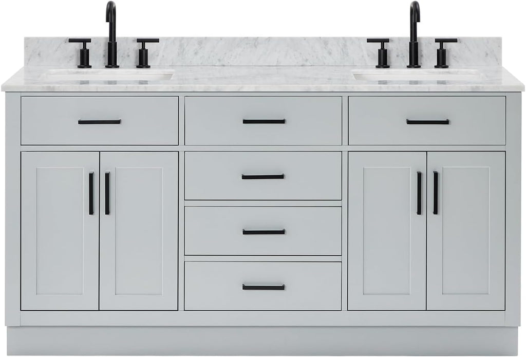 ARIEL Hepburn 66-inch Bathroom Vanity with Sink,Solid Wood, 0.75-inch Italian Carrara Marble Countertop, Double Rectangular Porcelain Sink, 4 Soft Closing Doors, 6 Dovetail Drawers, Grey