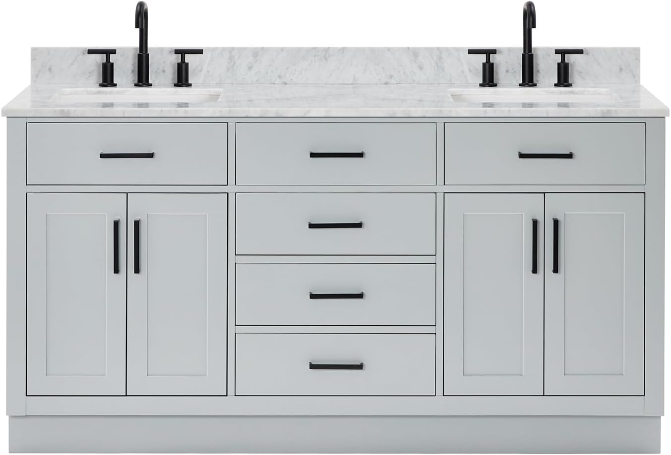 ARIEL Hepburn 66-inch Bathroom Vanity with Sink,Solid Wood, 0.75-inch Italian Carrara Marble Countertop, Double Rectangular Porcelain Sink, 4 Soft Closing Doors, 6 Dovetail Drawers, Grey
