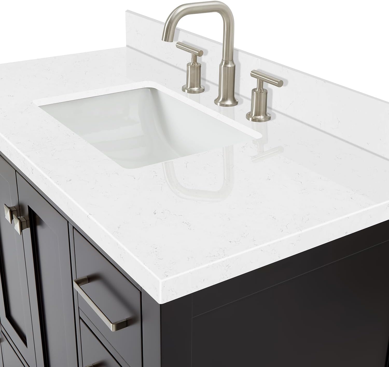 ARIEL Cambridge 42-inch Bathroom Vanity with Sink,Solid Wood, 1.5-inch Carrara White Quartz Countertop, Single Rectangular Porcelain Sink, 2 Soft Closing Doors, 9 Dovetail Drawers, Espresso