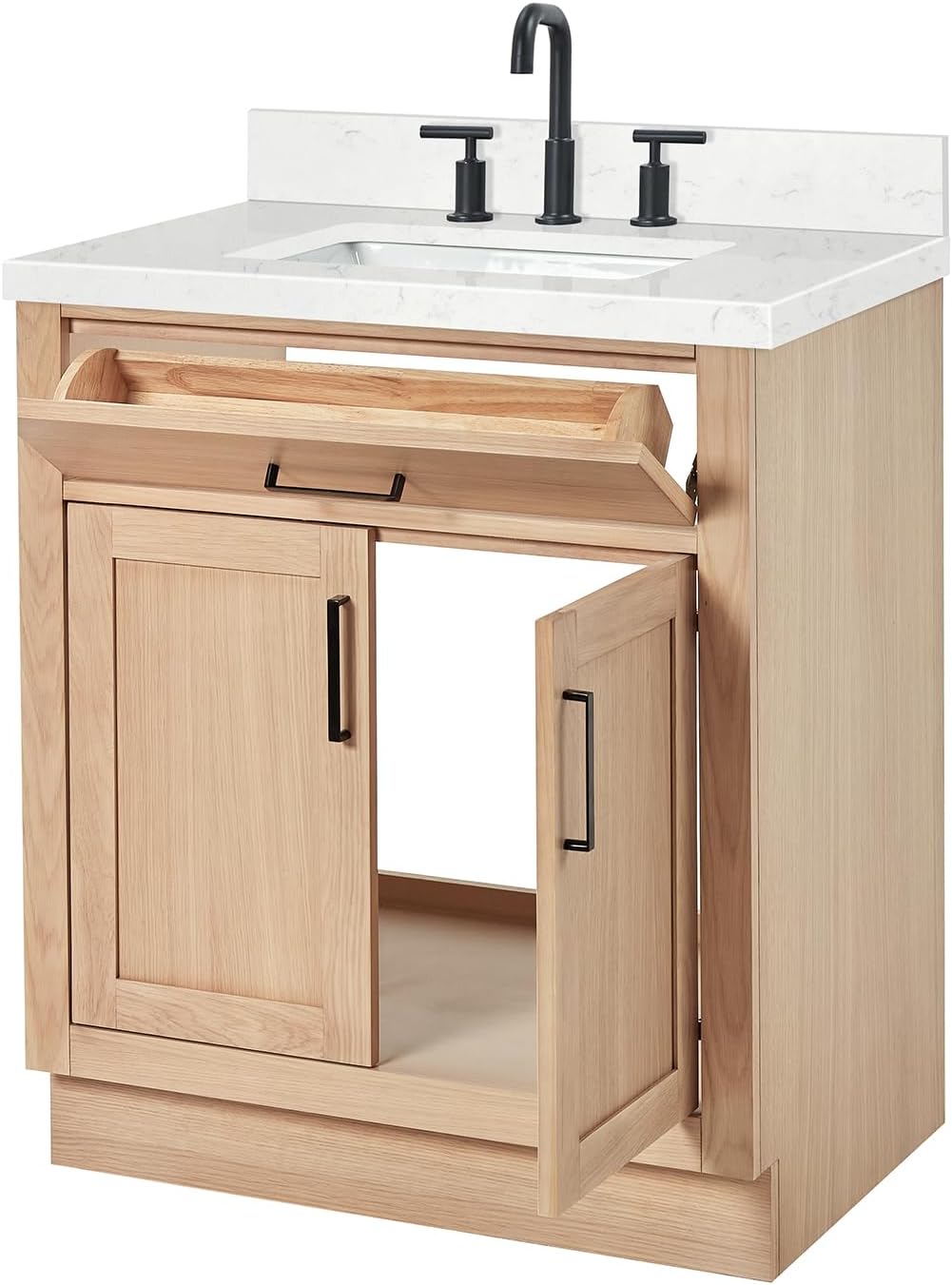 ARIEL Hepburn 30-inch Bathroom Vanity with Sink,Solid Wood, 1.5-inch Carrara White Quartz Countertop, Single Rectangular Porcelain Sink, 2 Soft Closing Doors, 1 Dovetail Drawers, White Oak