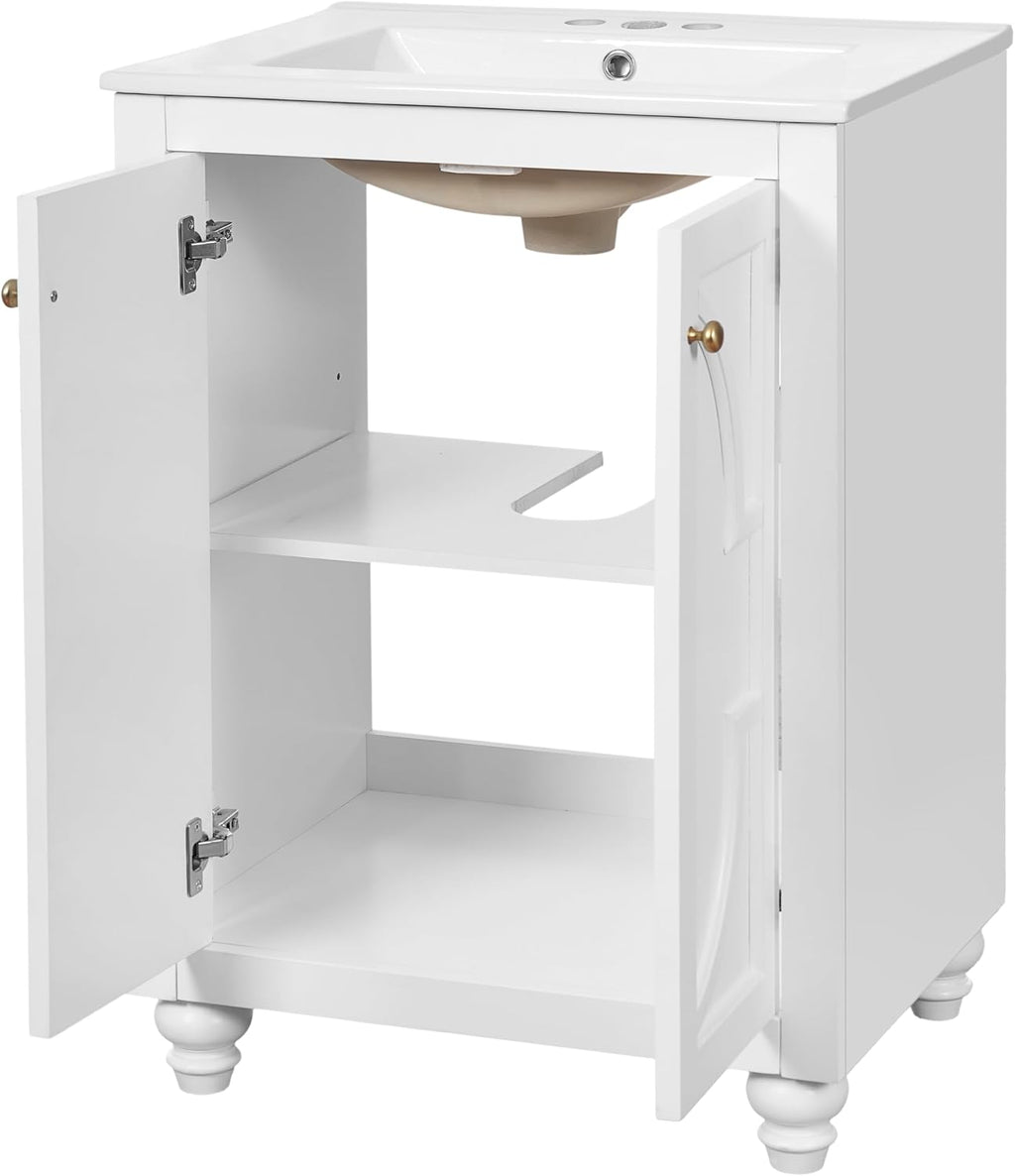 VilroCaz 24' Modern Bathroom Vanity with Ceramic Sink, Ornate Elliptical Motif Design & Soft-Close Hinges, Wood Bathroom Cabinet with Ball-Turned Legs, French Elegance (White-Ele)