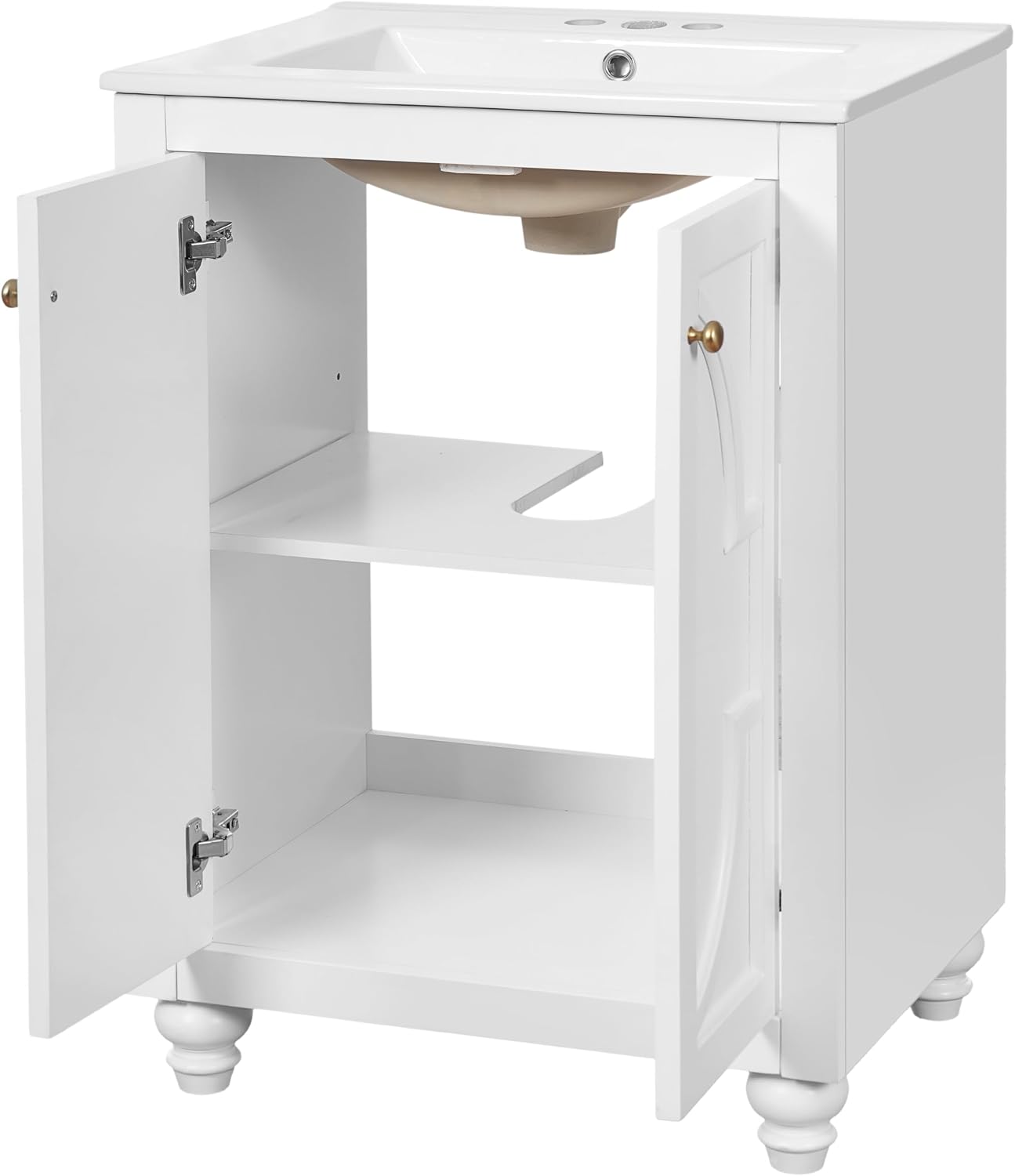 VilroCaz 24' Modern Bathroom Vanity with Ceramic Sink, Ornate Elliptical Motif Design & Soft-Close Hinges, Wood Bathroom Cabinet with Ball-Turned Legs, French Elegance (White-Ele)