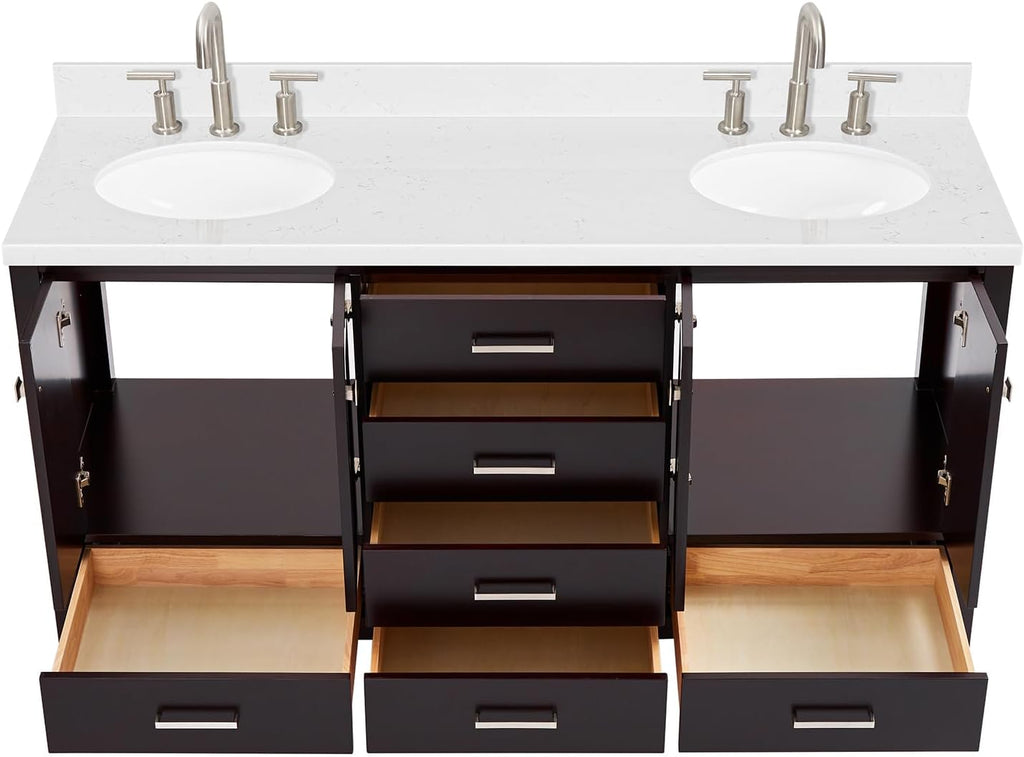 ARIEL Cambridge 66-inch Bathroom Vanity with Sink,Solid Wood, 1.5-inch Carrara White Quartz Countertop & Backsplash, Double Oval Porcelain Sink, 4 Soft Closing Doors, 6 Dovetail Drawers, Espresso