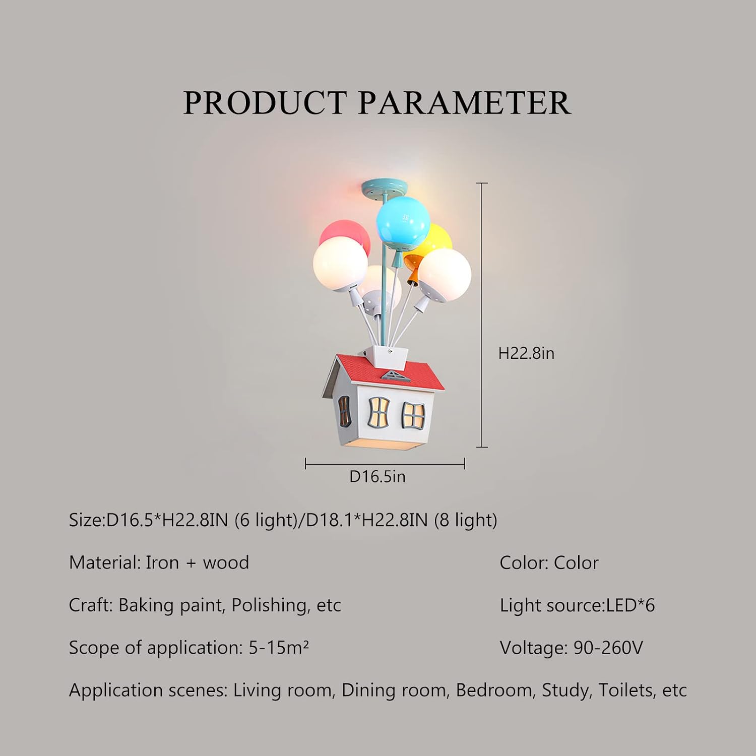 Kids House Shape Ceiling Light Colorful Balloon Wood Chandelier Cartoon House Shape with Acrylic lampshade Sputnik Ceiling Light for Girls Boys Kid's Bedroom (D18.1*H22.8IN (8 Light))