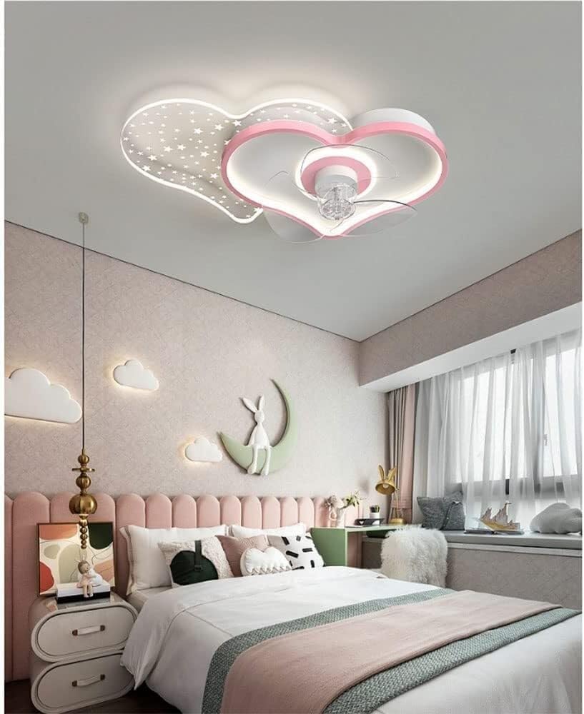 PAYAER Cute Pink Heart Ceiling Fan with Light, Modern LED Dimmable Flush Mount Chandelier for Girl's Bedroom, Kid's Room, Study, Nursery Decor, 59x37cm