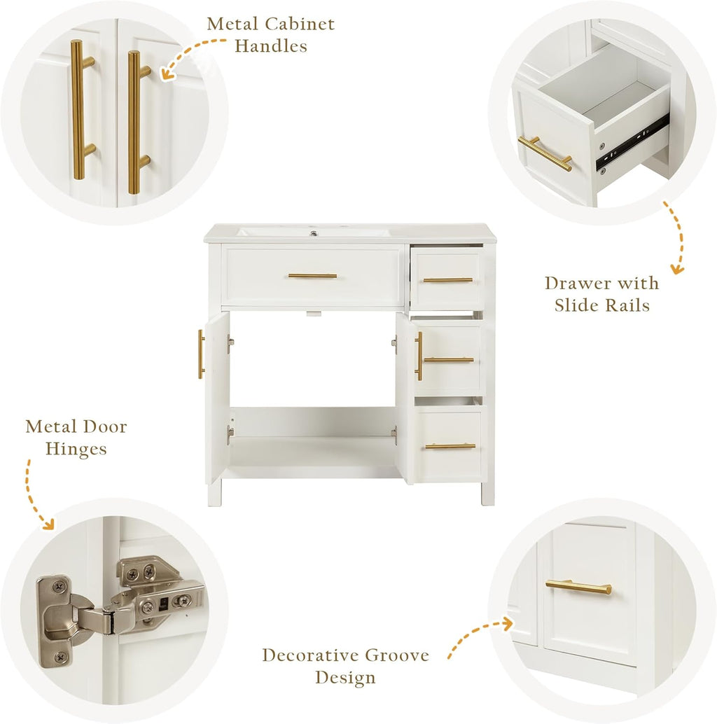 LUMISOL 36' Bathroom Vanity with Offset Sink, Freestanding Bathroom Sink Cabinet with 3 Drawers & 2 Doors, Solid Wood Bathroom Vanity with Offset Ceramic Sink, White