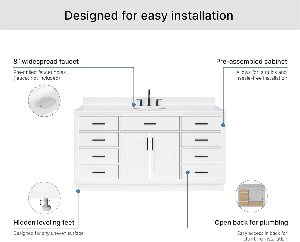 ARIEL Hepburn 66-inch Bathroom Vanity with Sink,Solid Wood, 1.5-inch Carrara White Quartz Countertop & Backsplash, Single Oval Porcelain Sink, 2 Soft Closing Doors, 9 Dovetail Drawers, White