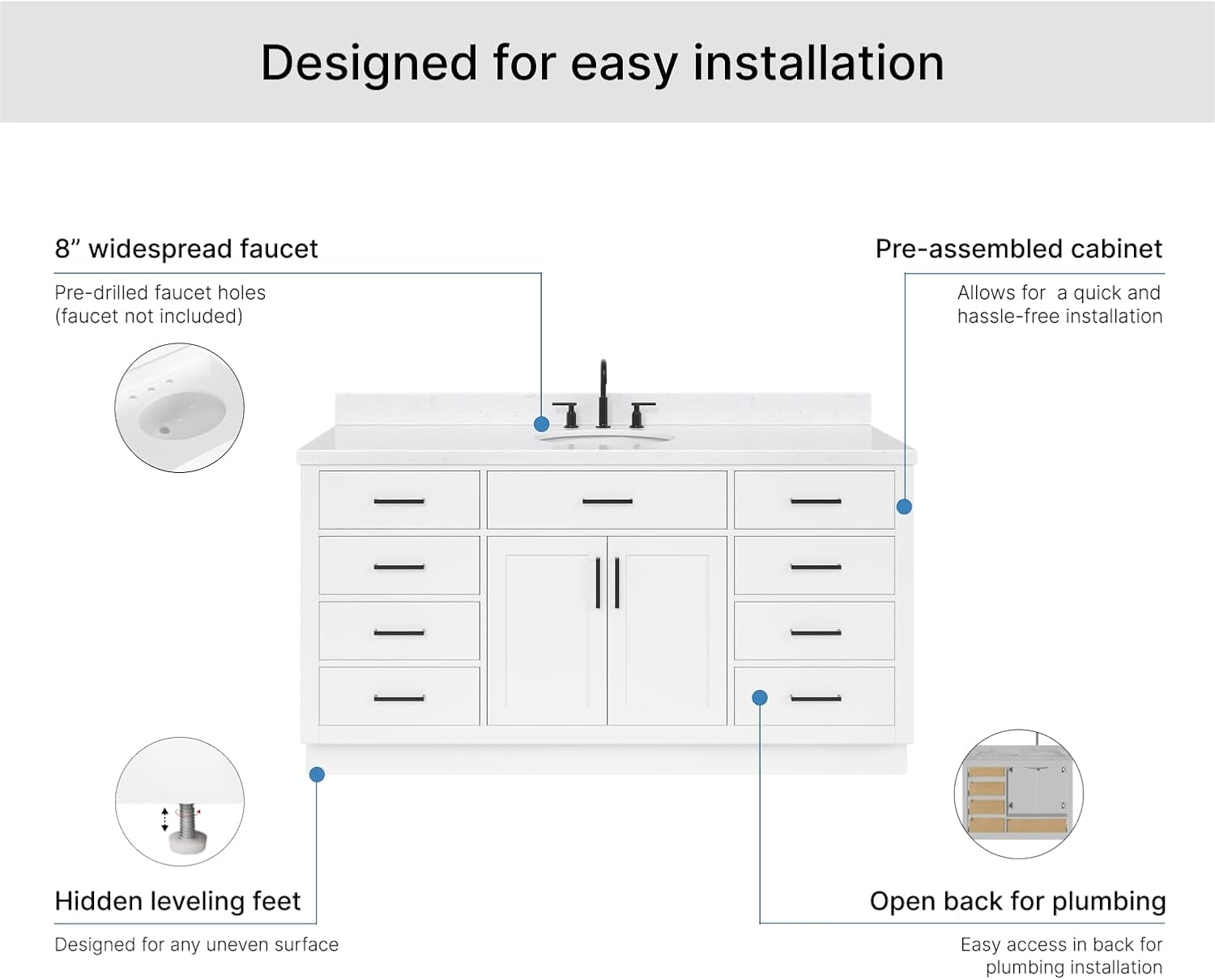 ARIEL Hepburn 66-inch Bathroom Vanity with Sink,Solid Wood, 1.5-inch Carrara White Quartz Countertop & Backsplash, Single Oval Porcelain Sink, 2 Soft Closing Doors, 9 Dovetail Drawers, White