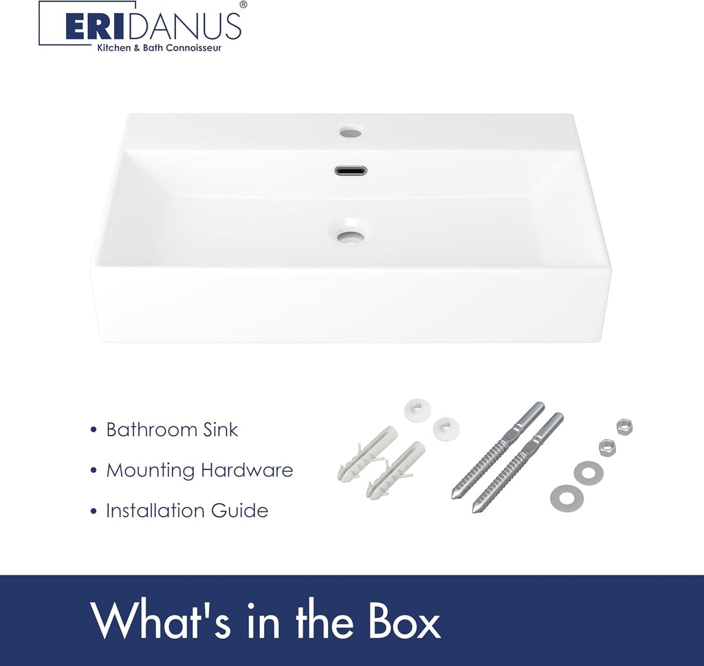 Eridanus Bathroom Sink 30' x 16' Rectangular Vessel Sink, Wall Mount Above Counter Vanity Sink, Premium Ceramic White Art Basin with Overflow, Lavatory Trough Floating Washbasin