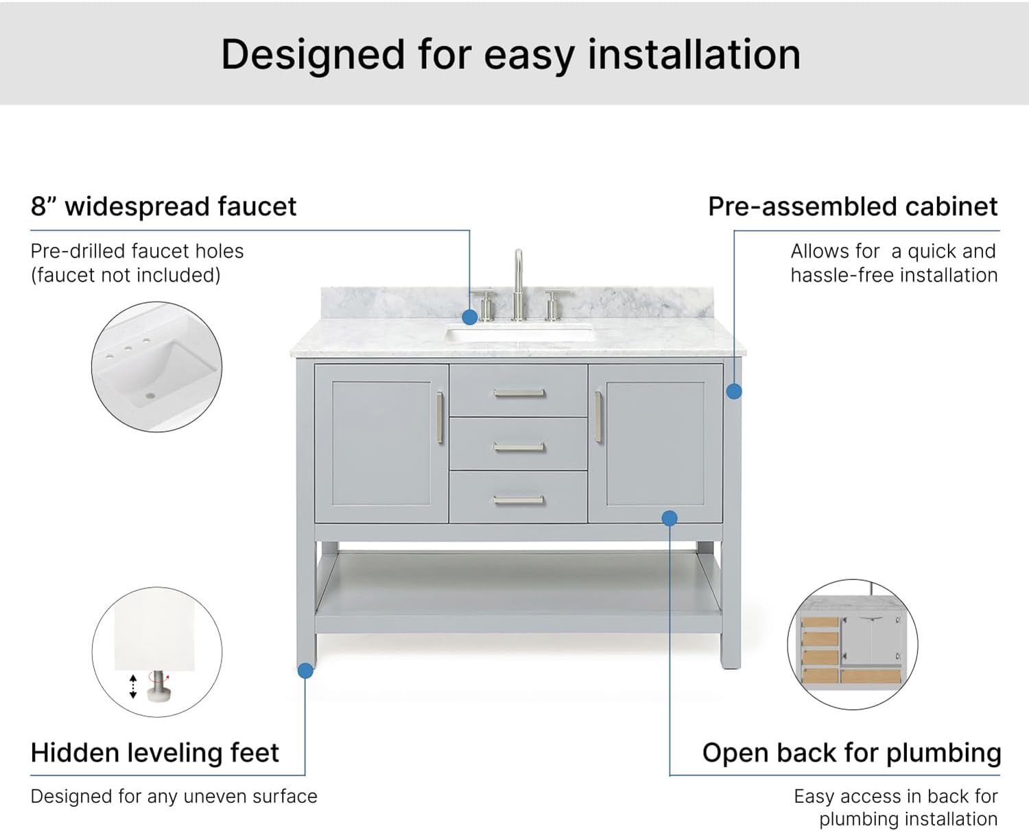 ARIEL Bayhill 48-inch Bathroom Vanity with Sink,Solid Wood, 0.75-inch Italian Carrara Marble Countertop, Single Rectangular Porcelain Sink, 2 Soft Closing Doors, 2 Dovetail Drawers, Grey